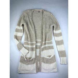Beige Cream Acrylic Striped Open Front Long Cardigan Sweater Pockets Women Small